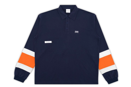 Navy long-sleeve polo shirt with orange and white sleeves on a white background