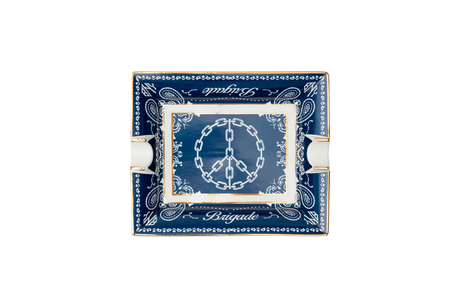 Blue bandana ashtray with peace symbol and 'Bandido' branding on a white background.