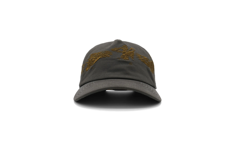 Dark gray cap with embroidered design on a white background