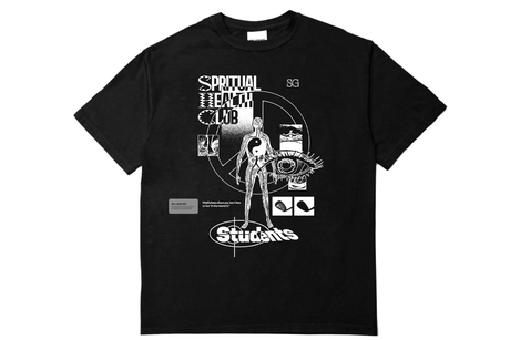 Black t-shirt with white graphic design on a white background