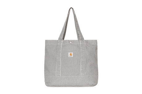 Gray striped tote bag with a visible brand logo on a white background