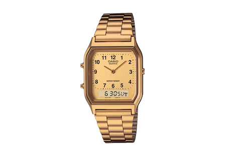 A gold-toned Casio watch with an analog-digital display, stainless steel band, and a resin case.