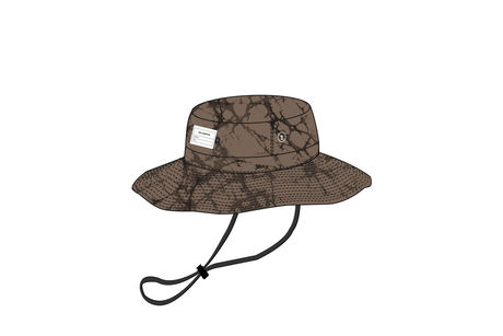 Brown mesh bucket hat with a strap on a white background