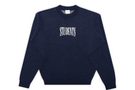 Navy blue sweatshirt with 'STUDENTS' text on a white background