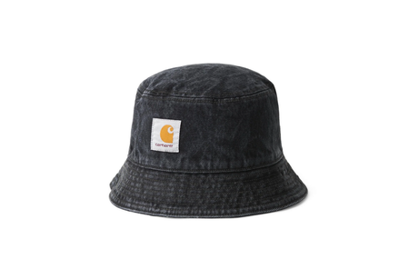 Black bucket hat with a logo on a white background