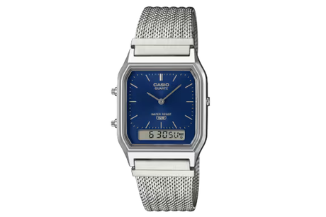 Casio watch with blue face and silver mesh band on a white background