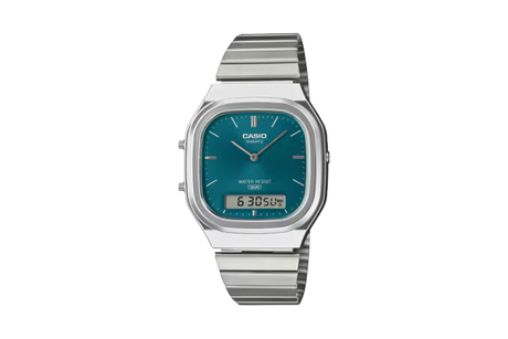 Casio watch with blue face and silver band on a white background