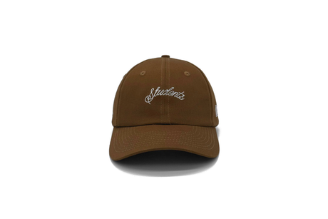 Brown cap with white logo on a white background