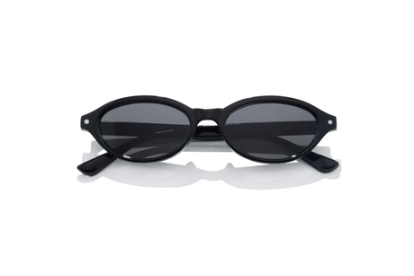 Black sunglasses with a reflective surface on a white background