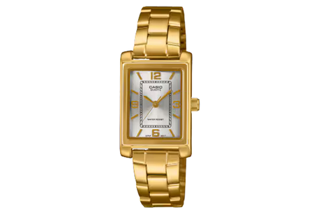 Gold Casio watch on a white background