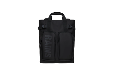 Black backpack with 'Rains' branding on a white background