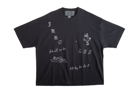 Black t-shirt with white graphics and text on a white background