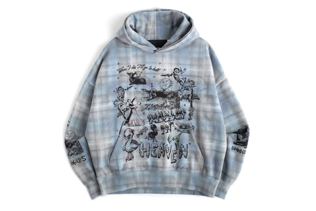 Tie-dye hoodie with graphic designs on a white background