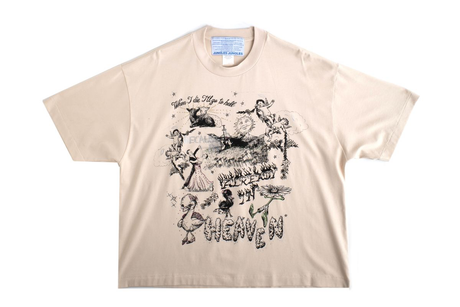 Beige t-shirt with black graphic design on a white background