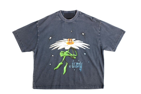 Dark blue t-shirt with a graphic design of a flower and text on a white background