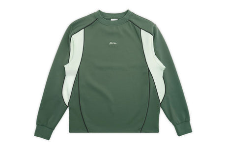 A dark green long-sleeve athletic top with contrasting light green side panels and a small white embroidered logo on the chest, displayed flat against a white background.