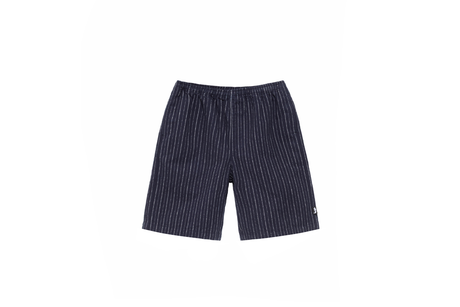 Navy pinstripe shorts on a white background