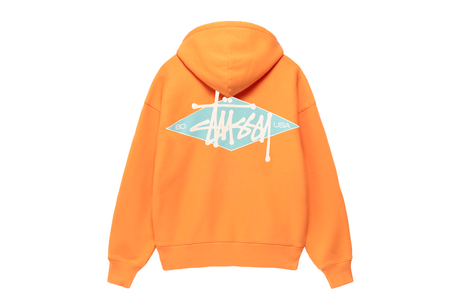 Orange hoodie with a brand logo on the back against a white background