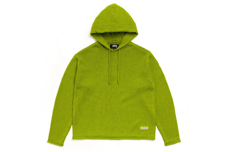 A bright lime green pullover hoodie with drawstrings, laid flat against a solid white background.