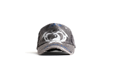 Gray distressed cap with a logo on a white background