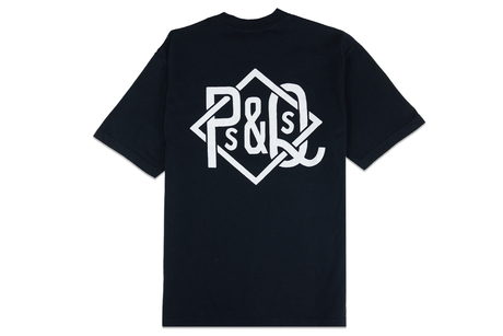 Black t-shirt with white logo on a white background