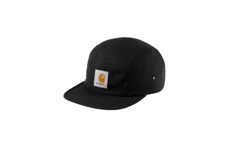 A black Carhartt 5-panel cap with a small white brand patch on the front, displayed against a solid white background.