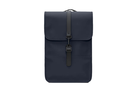 A dark navy blue backpack with a front flap and a vertical black strap closure, shown against a plain white background.