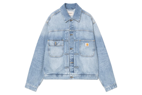 Light blue denim jacket on a white background