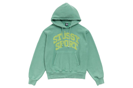 A mint green pullover hoodie with 'STJSSY SPORT' printed in yellow-green arched block letters across the chest, displayed on a clean white background.