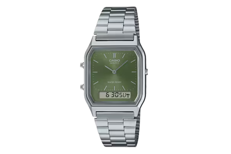 Silver Casio watch with green face on a white background
