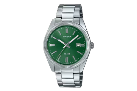 Casio watch with green dial and silver metal strap on a white background