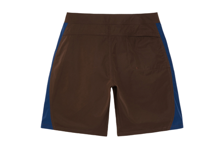 Brown shorts with blue accents on a white background