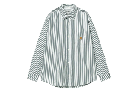 Striped shirt with a small logo on a white background