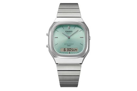 Casio Watch with the teal dial on white background.