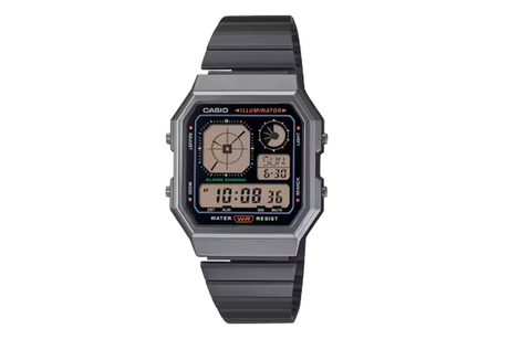 Casio digital watch with a black strap on a white background