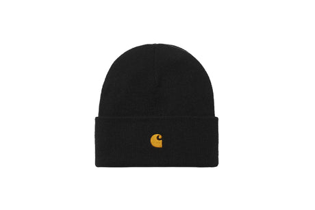 A black knit beanie hat with a folded cuff and a small yellow Carhartt logo embroidered on the front, set against a plain white background.