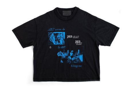 Black T-shirt with light blue graphic laying on a white background.