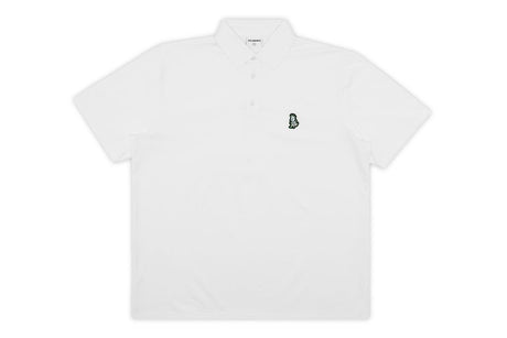 White polo shirt with a small logo on a white background