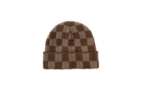A brown and beige checkered knit beanie hat, shown flat against a solid white background.