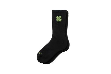 Black sock with a green four-leaf clover design on a white background