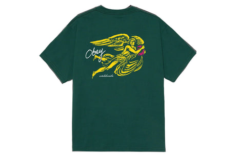 A dark green short-sleeve t-shirt with a large graphic on the back featuring a yellow winged figure, the word 'Obey' in white script, and 'worldwide' in small white text, shown against a plain white background.