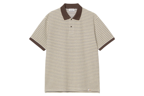 Striped polo shirt with brown trim on a white background