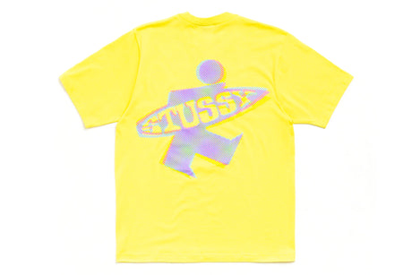 Yellow t-shirt with a colorful logo on the back against a white background