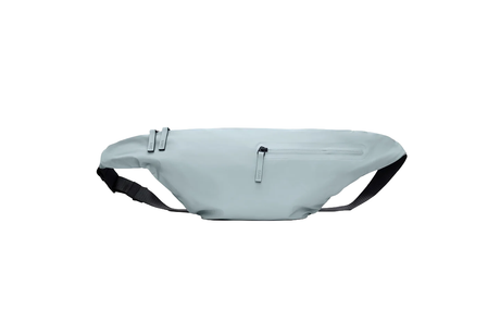 Light blue waist bag with black straps on a white background