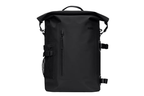 A black waterproof roll-top backpack with a vertical zippered pocket on the front, side mesh pocket, and adjustable straps, shown against a plain white background.
