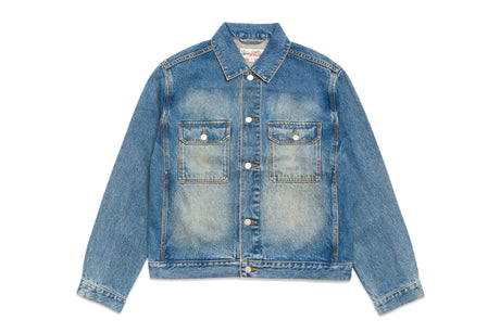 A classic blue denim jacket with a faded wash, featuring a pointed collar, button-up front, and two buttoned chest pockets, shown flat on a white background.