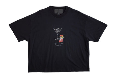 A black short-sleeve t-shirt with a graphic on the chest showing a martini glass and a red can with the text 'Just once still, I love you' in white script, displayed against a plain white background.
