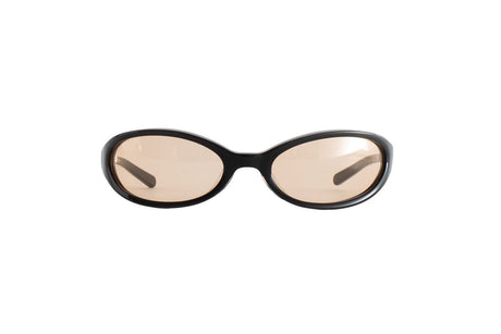 Oval sunglasses with a thick black frame and light brown tinted lenses, shown against a plain white background.