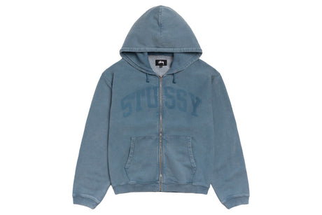 A faded blue zip-up hoodie with 'STUSSY' printed in a matching faded blue collegiate-style font across the chest, displayed on a clean white background.