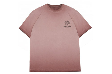 A dusty rose pink short-sleeve t-shirt with a small black graphic and 'FENG SHUI' text printed on the left chest, displayed against a solid white background.